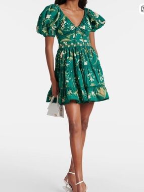 Agua by Agua Bendita Green Manzanilla Puff-Sleeve Tiered Mini Dress. XL (8/10)